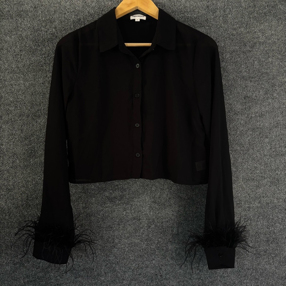 REVOLVE SUPERDOWN Womens Sheer Annie Button Up Top Size Small Black Feathers - Picture 2 of 9